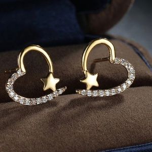 14K Yellow Gold Love Heart Diamond Stud Earrings
